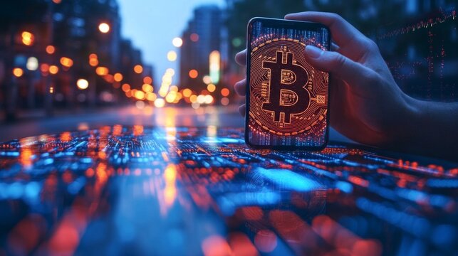 A hand holding a phone displaying a cryptocurrency symbol against a backdrop of city lights illustrates the dynamics of financial technology and serves 