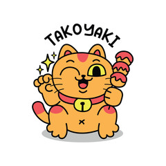 A CUTE LUCKY CAT IS HOLDING A TAKOYAKI CARTOON LOGO