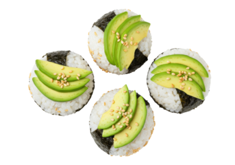 Isolated avocado sushi rolls with sesame seeds atop a ball of rice and nori seaweed snack food