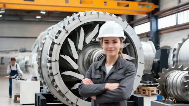 A confident young woman wearing a hard hat stands in an industrial setting. She portrays strength and determination, representing the future of women in engineering and technology.