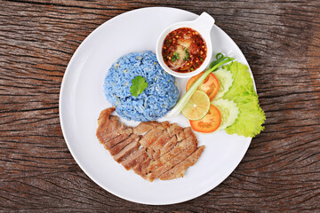 Pan-fried Pork Neck with Spicy Dipping Sauce Serve with Garlic Fried Rice