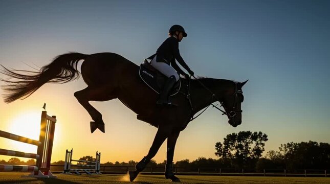 Equestrian Rider Jumping Over Obstacle During Sunset Training Session with Dynamic Camera Angles