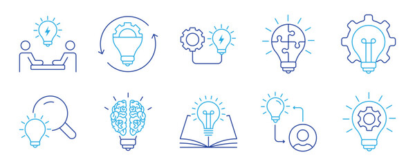 Minimalist Creativity line icons set with editable stroke, featuring originality, innovation, design, idea, innovation, vision, invest, visual thingking, drafting, geometri. thin linear illustration.