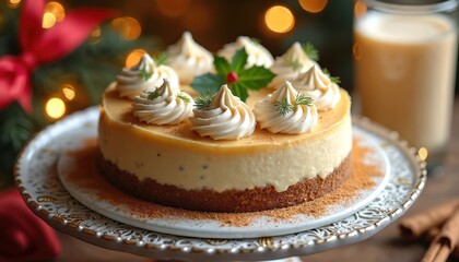 Creamy eggnog cheesecake sits on white cake stand. Whipped cream swirls, nutmeg dust, holly leaf decor. Christmas lights glow, glass of eggnog, cinnamon sticks nearby. Festive holiday dessert perfect