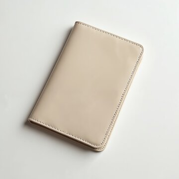Minimalist beige passport cover on plain white background. Sleek leather travel holder for documents. Modern, simple, elegant accessory for safe journeys.