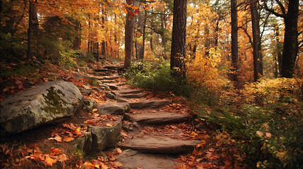 Naklejka premium Autumn forest path with stone steps and fallen leaves image
