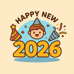 Cheerful New Year 2026 flat vector logo with party elements, a fun design for holiday greetings and festive events