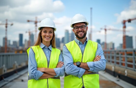 Two smiling engineers men and women wearing hard hats and safety vests stand arms crossed on a construction site. Cranes and city skyline visible in background during daytime. - Powered by Adobe