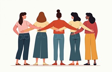 Obraz premium Illustration of diverse group of women. Friends stand together embracing each other. Women united demonstrate friendship and support. Flat design concept on white background.