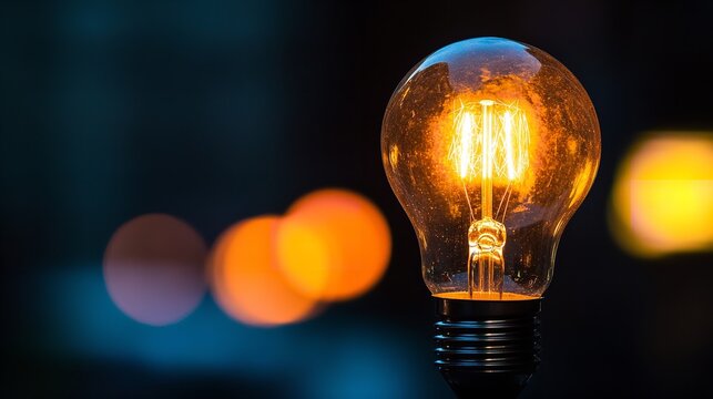 Illuminated light bulb with blurred background in a dark environment