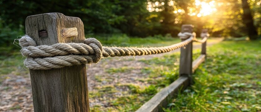Close-up of wooden post and rope in a park setting with green grass and soft sunlight filtering through trees during late afternoon - Powered by Adobe