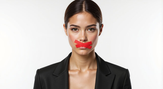 Silenced Voice Portrait – Young Woman with Red Tape on Mouth Against Colorful Background for Freedom of Speech Advocacy, Rights Awareness, and Social Justice Campaigns - Powered by Adobe