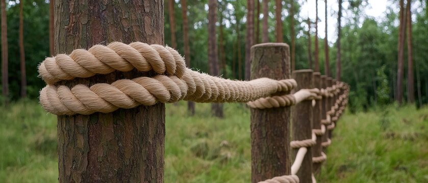 Wooden fence with ropes by green grass in park showcasing safety features for children in a playground setting