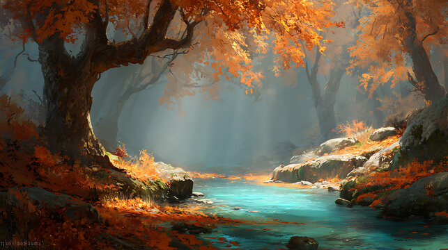 Autumn forest stream with vibrant foliage and misty atmosphere rocks