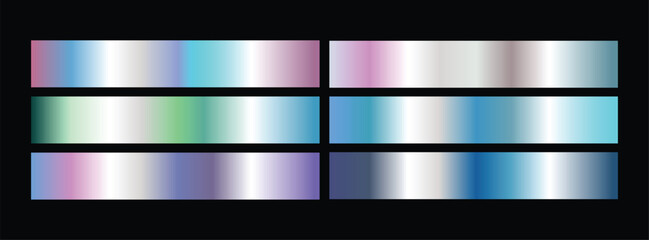 Set of metallic gradients. Metallic gradient effects for the design of text and bulletin boards, infographics.  Colorful gradients vector set. Colorful chrome metal gradients set. 
