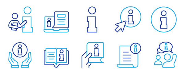Info line icon set for help and support. Vector outline icons for instruction manual, guide, reference book, dictionary, user profile, FAQ, and customer service center.