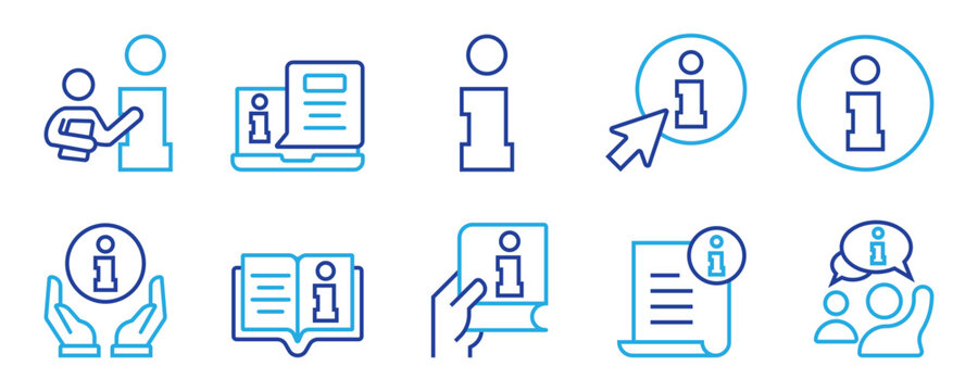 Info line icon set for help and support. Vector outline icons for instruction manual, guide, reference book, dictionary, user profile, FAQ, and customer service center.