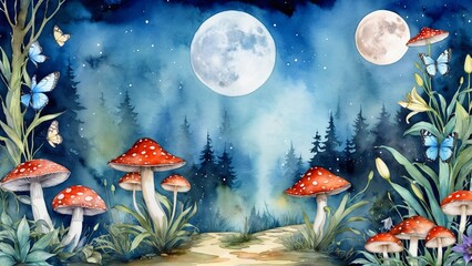 watercolor ,fantastic wonderland landscape with mushrooms, lilies flowers, morpho butterflies and moon. illustration to the fairy tale Alice in Wonderland