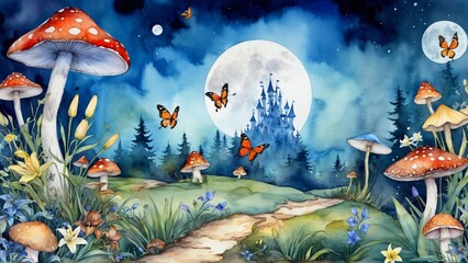 watercolor ,fantastic wonderland landscape with mushrooms, lilies flowers, morpho butterflies and moon. illustration to the fairy tale Alice in Wonderland