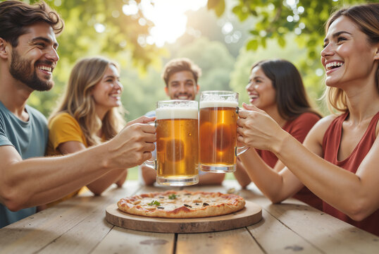 Friends Celebrating with Beer Mugs and Pizza – Outdoor Pub Garden Party with Toasting Glasses for International Beer Day, Social Gatherings, and Summer Festivities