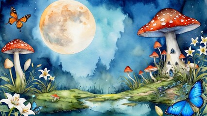 watercolor ,fantastic wonderland landscape with mushrooms, lilies flowers, morpho butterflies and moon. illustration to the fairy tale Alice in Wonderland