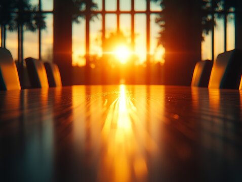 Selective focus. Long conference table in empty meeting room bathed in sunset light. Modern boardroom interior with long table illuminated by sunset rays