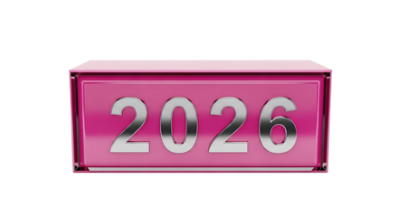 Shiny metallic silver numbers of the year 2026 displayed on a vibrant pink glossy rectangular prism isolated on transparent background
