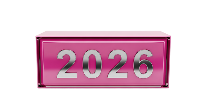 Shiny metallic silver numbers of the year 2026 displayed on a vibrant pink glossy rectangular prism isolated on transparent background