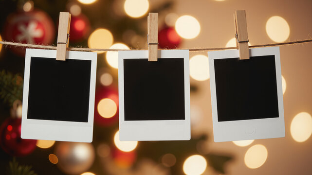 Instant Photo Frames on String – Empty Polaroid Frames with Wooden Clips Against Festive Bokeh Lights for International Friendship Day Memories, Social Connection Albums, and Photo Display Ideas