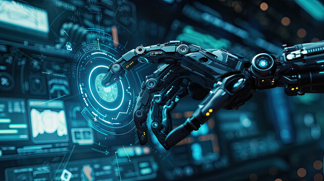 Futuristic robotic arm interacting with glowing digital interface, symbol of innovation, automation, and artificial intelligence - Powered by Adobe