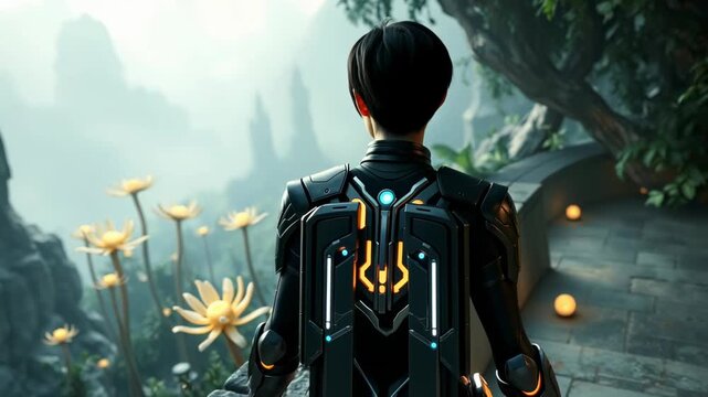 Futuristic figure overlooking a serene landscape with flowers  