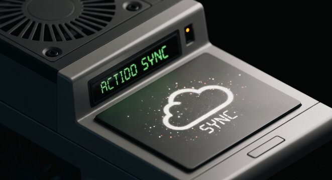 High-tech gadget displaying ACT100 SYNC in a modern industrial setting.