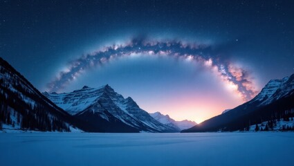 Spectacular milky way arc illuminates a vast winter landscape with snowcovered mountains and a frozen lake