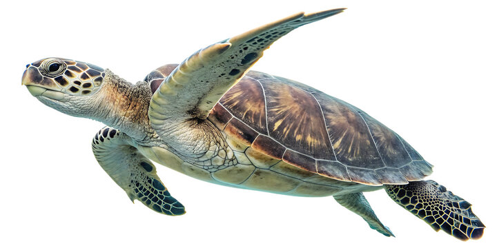 Sea turtle with patterned shell and flippers, swimming underwater, cutout, PNG, isolated on white or transparent background, AI