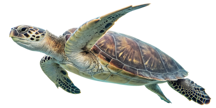 Sea turtle with patterned shell and flippers, swimming underwater, cutout, PNG, isolated on white or transparent background, AI