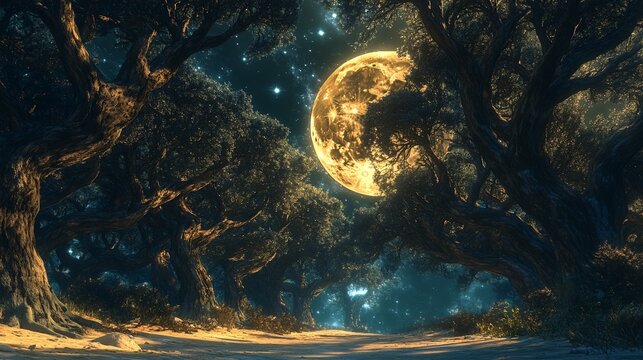 Glowing moon illuminates dark forest trees at night with visible stars in distant sky. - Powered by Adobe
