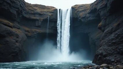 Majestic waterfall plunging into a deep gorge with sheer rock walls and turbulent water below, creating a misty atmosphere