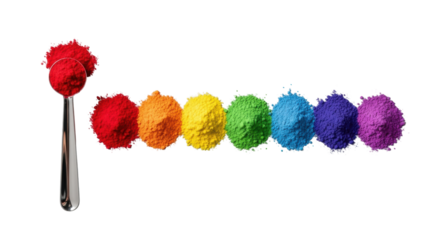 Seven distinct piles of vibrant rainbow cosmetic powder and a sleek silver scoop, arranged linearly on a clean transparent background, top-down flat lay. Concept of high-quality makeup precision