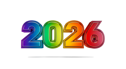 Colorful 3d metallic balloons forming the year 2026 with a subtle white line underneath isolated on transparent background