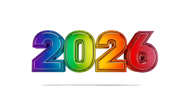 Colorful 3d metallic balloons forming the year 2026 with a subtle white line underneath isolated on transparent background
