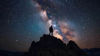 A lone figure stands atop a rocky peak under a vibrant, star-filled night sky with the Milky Way stretching across the horizon.