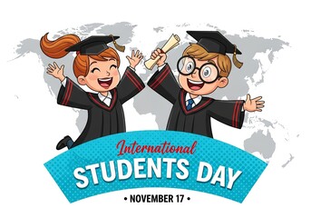 Joyful cartoon students celebrate International Students Day with global recognition