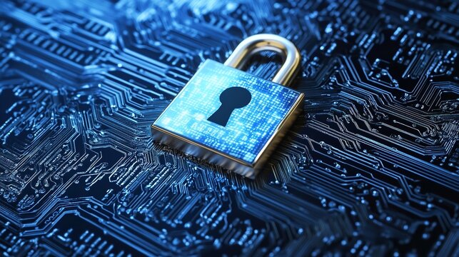 Padlock on a circuit board representing cybersecurity and data protection
