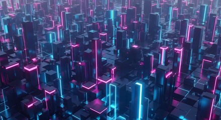 Captivating futuristic cityscape with vibrant neon lights illuminating a digital metropolis, symbolizing advanced technology and the interconnected global network concept