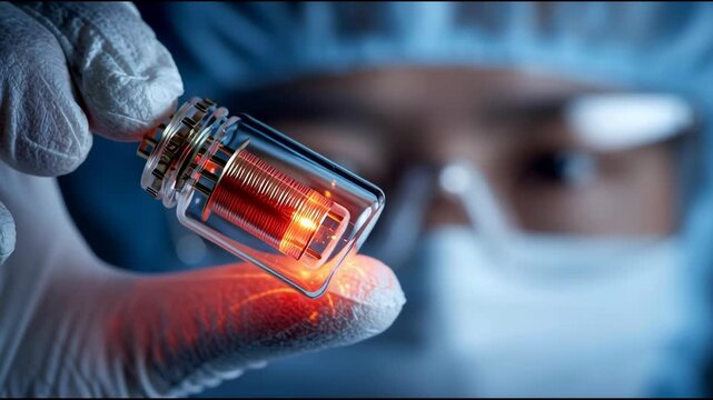 Scientist holding rare earth component glass vial for electronics research laboratory, glowing coil innovation, scientific research rare earth