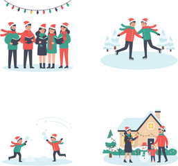 Fototapeta premium Christmas scenes: carolers, ice skating, snowball fight, and family at home.