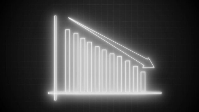 High-Tech Animated Graph Chart with Glowing Neon Business Bars, Neon Bar Chart with Downward Trend Arrow