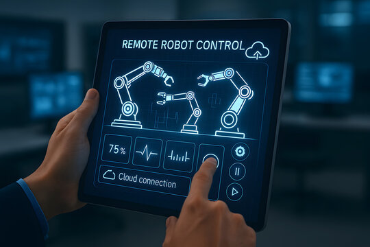 Tablet displaying remote robot control interface with cloud connection