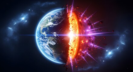 Obraz premium Abstract depiction of Earth's crucial dichotomy, showing a tranquil blue world contrasting with an intense, erupting cosmic core of change