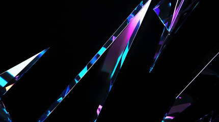 Black background with sharp neon prism streaks in red, blue, violet, pink, and white. Abstract minimalist 3D glass shapes. Light beam reflection, color gradient, metallic glow, iridescent shine